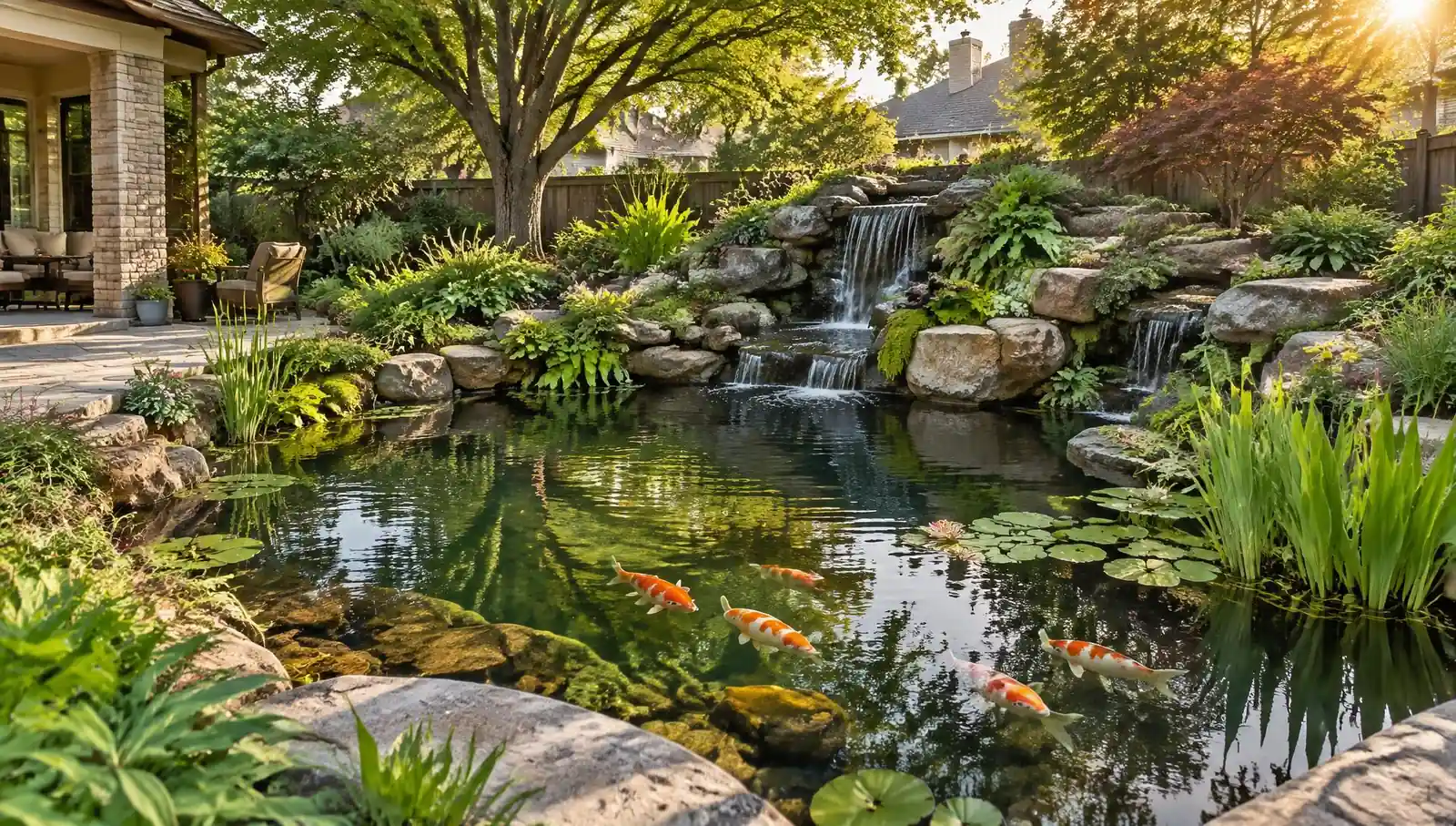 Backyard ecosystem pond with a natural stone waterfall, lily pads, and koi in a Collin County yard