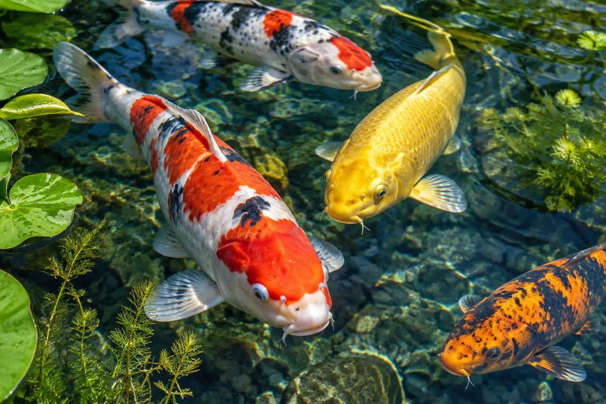 Healthy orange and white koi swimming in clean, clear pond water